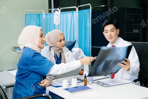 Preview: Medical, meeting and laptop for team in discussion, brainstorming and planning. Doctor, nurse