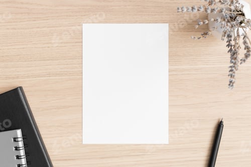 Preview: White invitation card mockup with lavender and workspace accessories. 5x7 ratio, similar to A6, A5.
