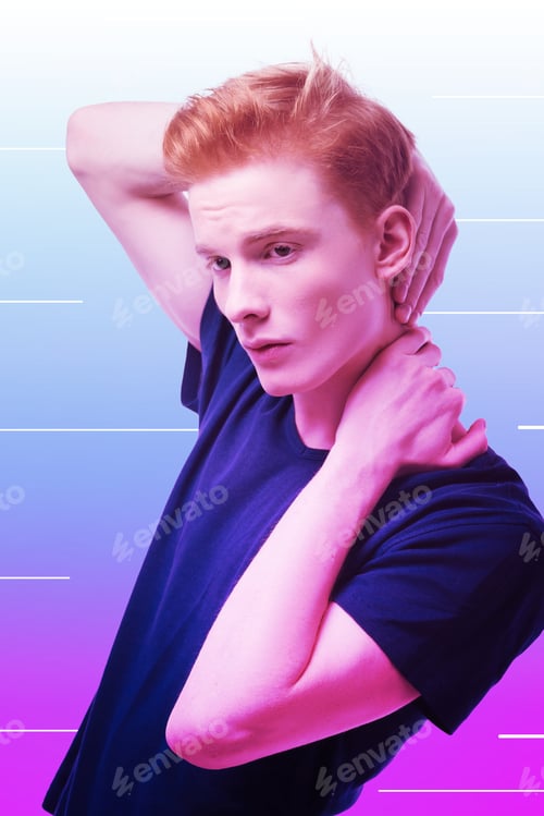 Preview: New Reality. Charming Doubtful Guy Posing On Background And Placing Hands On Neck
