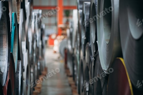 Preview: Rolls of metal sheet and galvanized inside the factory warehouse.