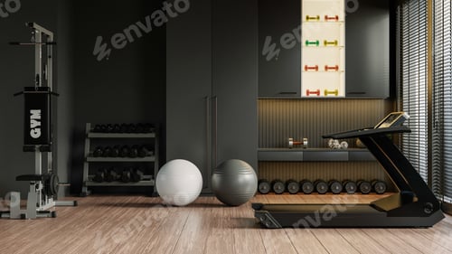 Preview: Dark gym interior with sport and fitness equipment on black wall background