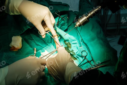 Preview: Closeup shot of a hand with a medical glove making stitches on a patient belly during a surgery