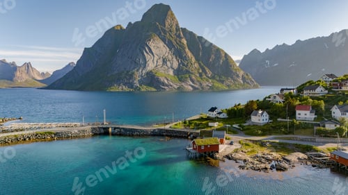 Preview: Tranquil Norwegian Fjord With Lush Mountain Peaks, Reine, Lofoten, Norway