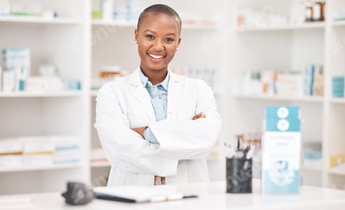 Preview: Crossed arms, happy and portrait of woman pharmacist working in chemist for medication dispensary.