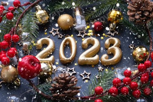 Preview: The golden figures 2023 made of candles on a black stone slate background