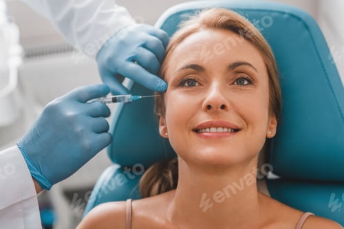 Preview: Attractive adult woman getting rejuvenating facial injections in clinic
