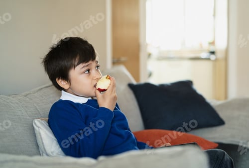 Preview: Healthy child eating red apple,School boy eating fresh fruit for his snack while watching TV