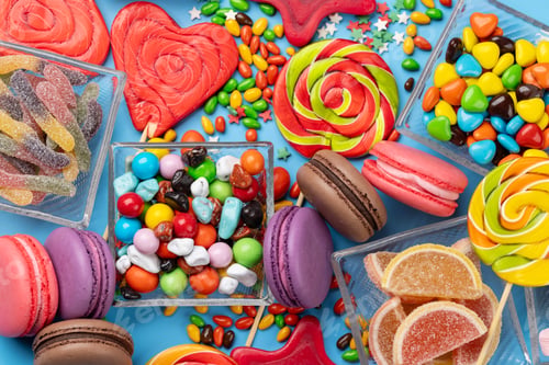 Preview: Various colorful candies, lollipops, and macaroons