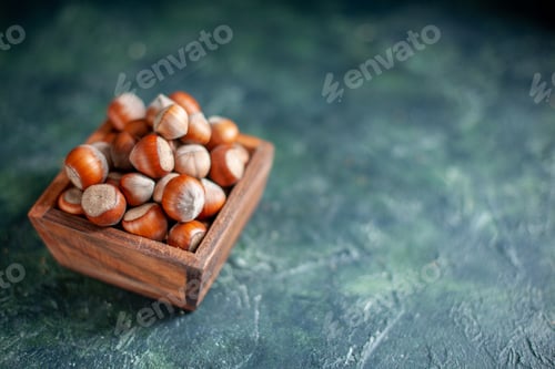 Preview: front view fresh hazelnuts on dark-blue background nut hazelnut cips color photo snack shell walnut
