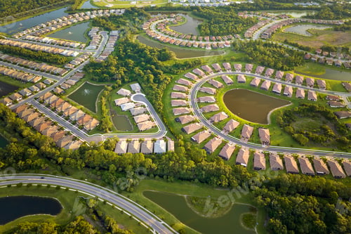 Preview: View from above of densely built residential houses in closed living clubs in south Florida