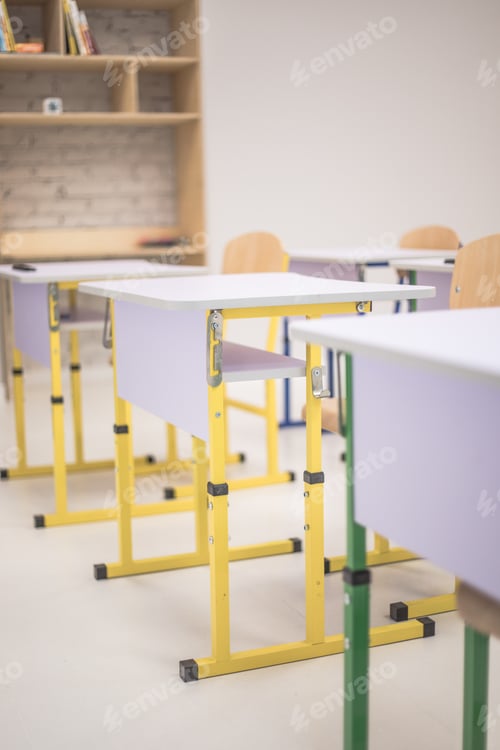 Preview: School class with school desks and blackboards in ukraine high school