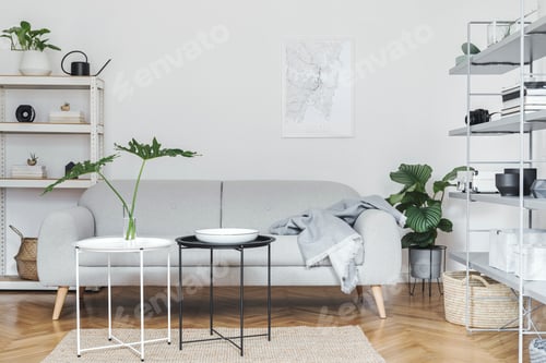Preview: Stylish nordic home interior with creative wooden desk.