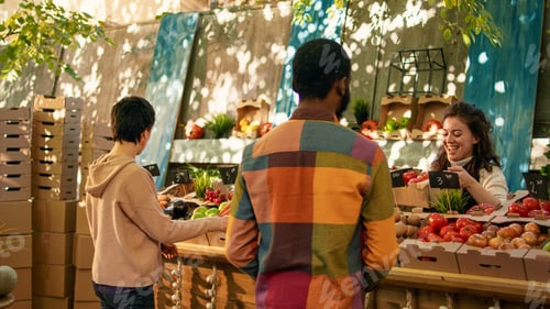 Preview: Diverse family doing shopping for natural veggies at local outdoors marketplace
