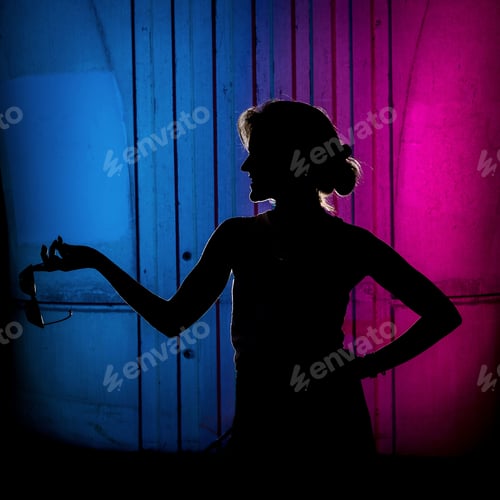 Preview: Silhouette of a female on the background of blue and pink neon lights under a bridge