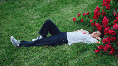 Preview: Teenage girl with red hair lying on grass next to a bush of red roses, resting with one knee bent