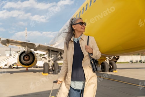 Preview: Passenger woman in sunglasses with luggage is outdoors near plane looking away