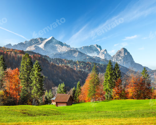 Preview: Amazing view of alpine meadow with wooden huts near Wagenbruchsee (Geroldsee) lake