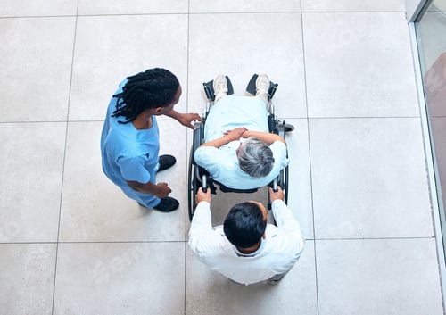 Preview: Wheelchair, hospital and senior patient above with nurse, helping and support with healthcare. Doct