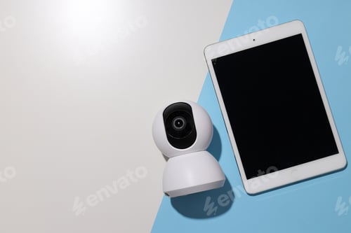 Preview: CCTV camera with a white tablet on the table
