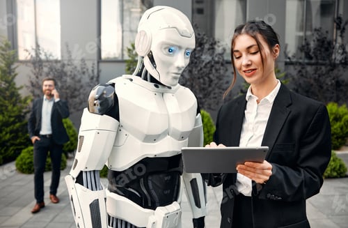 Preview: Robot with businessmen on the street near the building