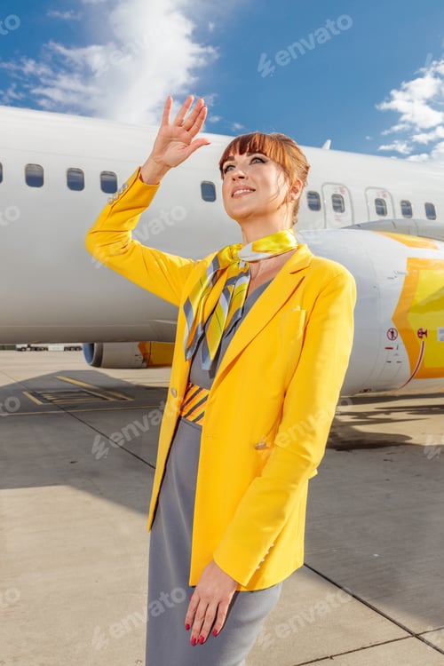 Preview: Female flight attendant standing outdoors at airport