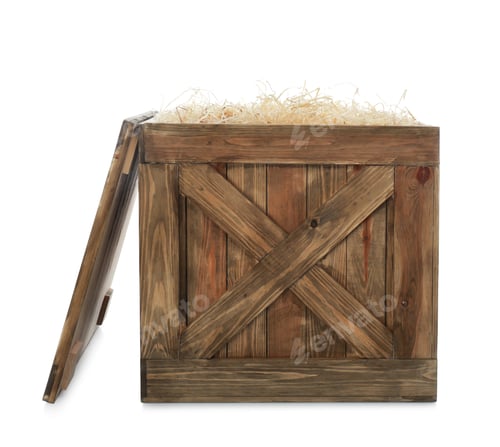 Preview: Old open wooden crate with filler and lid isolated on white