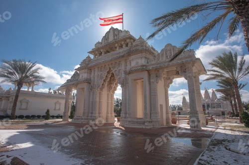 Preview: Majestic Hindu temple with intricate carvings and a red flag in Houston, United States