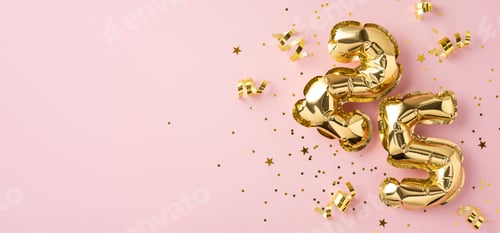 Preview: Golden number balloons 25 surrounded by confetti and ribbon on a vibrant pink background
