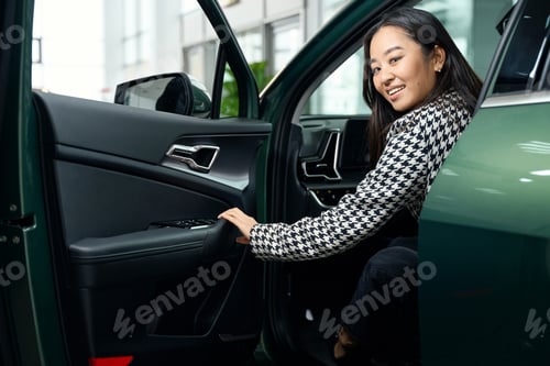 Preview: Smiling young woman sitting in new car indrivers seat