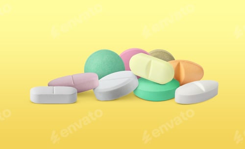 Preview: Different antibiotic pills on yellow gradient background. Banner design