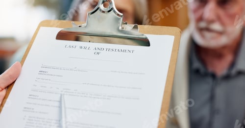 Preview: Will, retirement and document for old man, home and listening to reading of inheritance and plannin