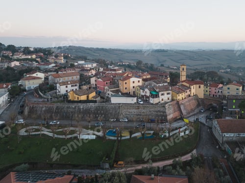 Preview: Aerial view of the medieval village of Tavullia. Province of Pesaro and Urbino, Italy