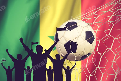 Preview: Silhouettes Of Soccer Fans With Flag Of Senegal .Cheer Concept Vintage Color