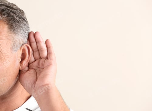 Preview: Mature man with hearing problem on light background, closeup. Space for text
