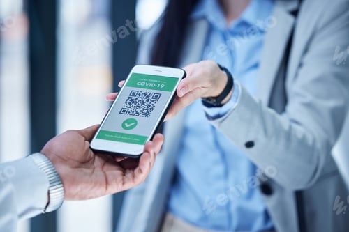 Preview: Covid, hands and vaccine passport on smartphone for travel, safety or security during virus pandemi