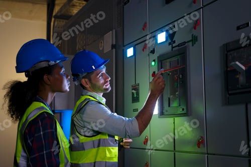 Preview: Engineers are checking electronic system at basement.