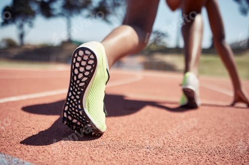 Preview: Runner, start race and closeup feet, legs or ready for competition, contest or sport event in sunsh