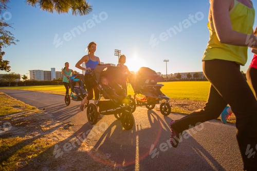 Vista previa: Mothers jogging in park with pushchairs