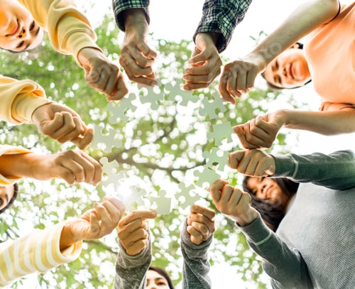 Preview: Team Hands Empathy Trust Partner partnership grow and placing the jigsaw puzzle for connect business