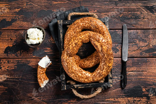 Preview: Turkish Bagel Simit with sesame traditional pastry.