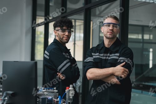 Preview: Student engineer Assembling Robotic Arm with computer in Technology Workshop.