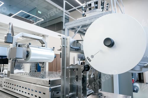 Preview: Processing of Packaging equipment thermoformer Packing food in production line. Vacuum machine tool