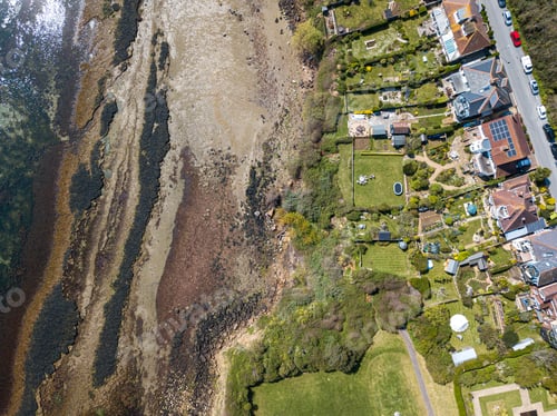 Preview: Aerial shot of the houses in the Sandsfoot Beach, Weymouth, Dorset, UK