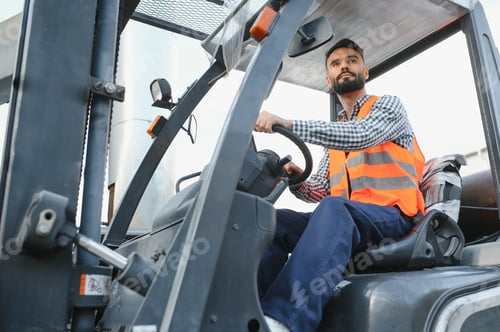 Preview: Man working at warehouse and driving forklift