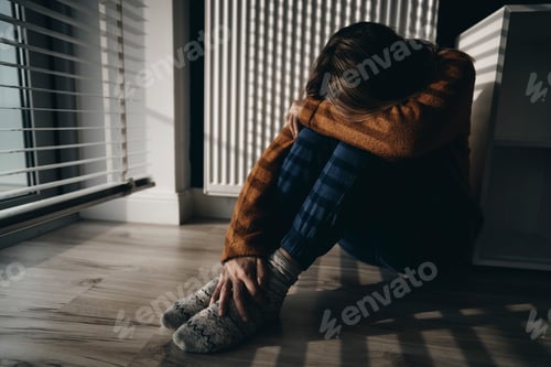 Preview: Woman with problems sitting at the floor