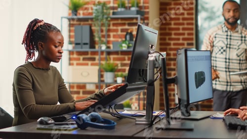 Preview: Diverse coworkers working on software development on multi monitors