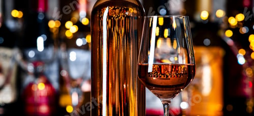 Preview: French pink rose wine syrah in glass and wine bottle on dark bar background with bokh lights