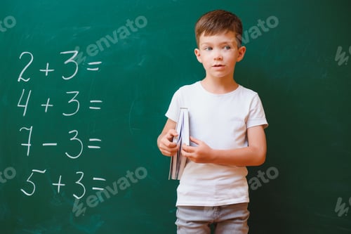 Preview: Back to school concept. School child in class. Happy kid against green blackboard