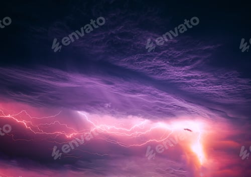 Preview: Bright Lightning On Purple Night Sky During Thunderstorm. Multiple Lightning Strikes Coming From
