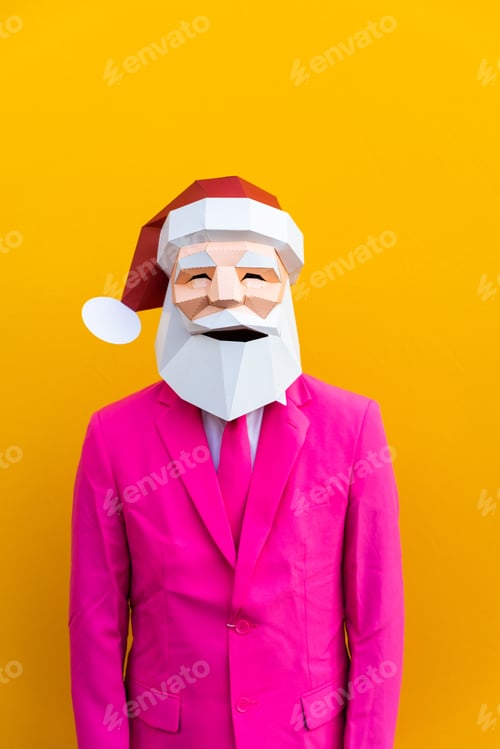 Preview: Man with funny low poly mask on colored background